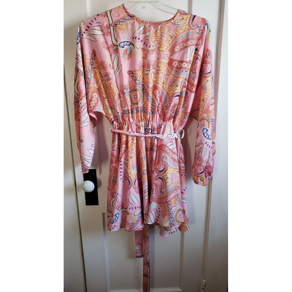 women's parsley floral‎ print pink puff long sleeve flare belted dress Sz Small